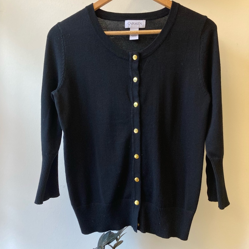 Carmen Marc Valvo Black Sweater w/ Gold Buttons, Scoop neck, 3/4 Sleeve - Small